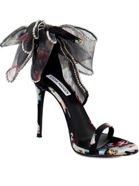 Steve Madden Black Floral Ankle-Strap Heels with Ribbon Bows